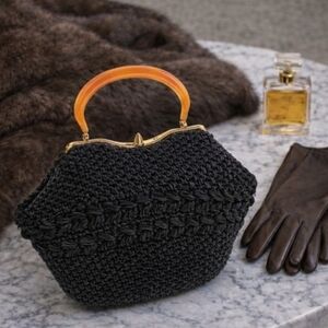 Vintage MORRIS MOSKOWITZ black raffia handbag lucite handle top handle purse